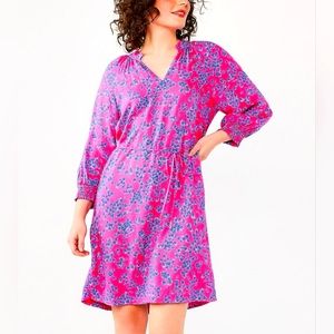Draper James RSVP V-Neck Smocked Sleeve Pink Blue Ditsy Floral Dress sz L NWT